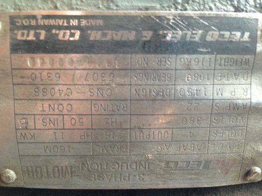 ขายมอเตอร์ Teco 15 HP. 1450 RPM. 380 V เป็นมอเตอร์หน้าแปรน แต่ทำแทนวางให้แล้ว สภาพสวย พร้อมใช้งาน มี 2 ตัวครับ