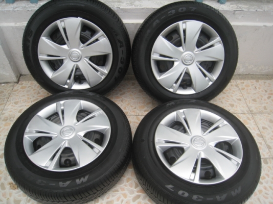 ขายกะทะล้อ Nissan march ขอบ14 4รู100 +ฝาครอบ+ยางปี1313 (081-3747940)