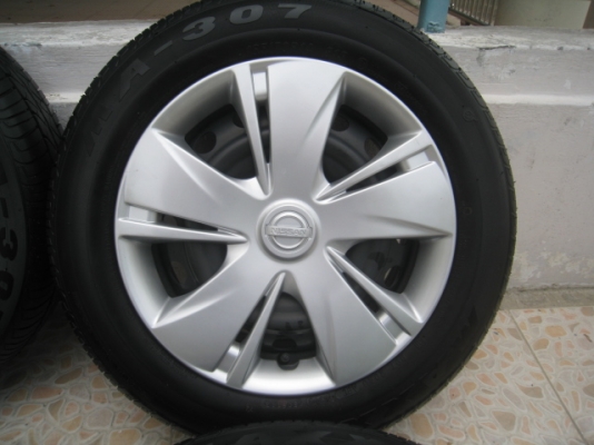 ขายกะทะล้อ Nissan march ขอบ14 4รู100 +ฝาครอบ+ยางปี1313 (081-3747940)