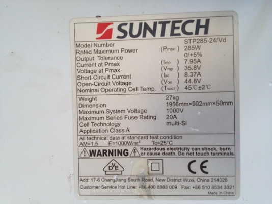 ขายแผ่นโซล่าเซลล์ (Solar cell) 285w สภาพสวย ต่อ Inverter ใช้งานได้เลย