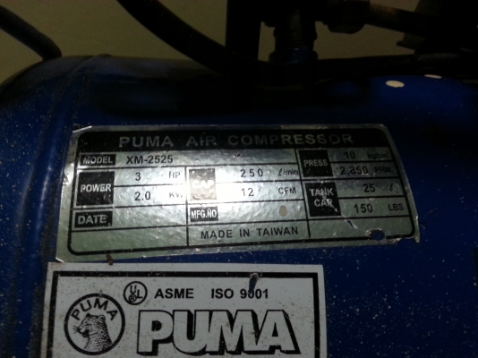 ปั๊มลมยี่ห้อ puma ขนาด 3hp ขนาดถัง 25ลิตร