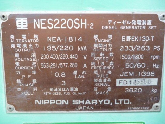 ขายเครื่องปั่นไฟ 220kva Nippon Sharyo NES220SH-2 #FD143500 ถึงไทยแล้วค่ะ