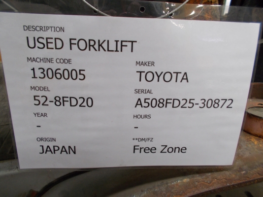 ขาย-เช่า ฟอล์คลิฟท์ TOYOTA รุ่น 52-8FD20 S/N A508FD25-30872