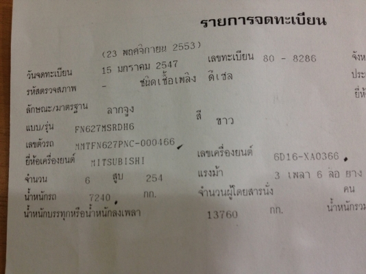 ขาย Mitsubishi FN627MSRDH6 เครื่อง 6D16-XA0366 260แรงปี47