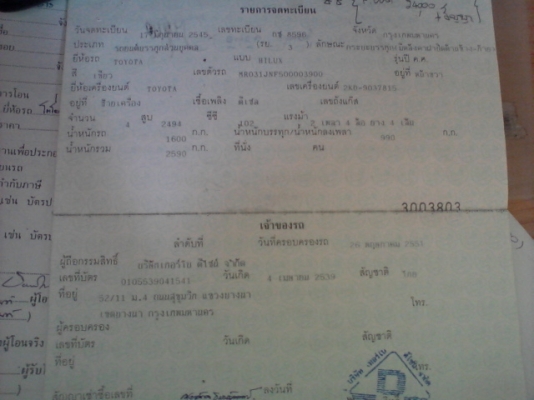 ขายด่วนๆ เล่มทะเบียน TOYOTA D4D ปี 2002 สีเขียว