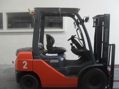 ขายด่วน !!! รถโฟล์คลิฟท์  TOYOTA  8FD25  (รถนอกนำเข้า  สภาพดี  พร้อมส่ง)  เครื่องยนต์ดีเซล  เกียร์ออโตเมติค  เสาสูง  3  เมตร  งา 1,070  มม.  ยางลม