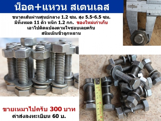 น็อต+แหวน สเตนเลส ของใหม่เก่าเก็บ ขนาดเส้นผ่านศูนย์กลาง 1.2 ซม. สุง 5.5-6.5 ซม.