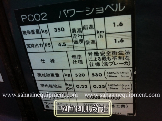 รถขุด PC02-1A S/N 164XX รถนอก นำเข้า บจก.สหสินอีควิปเม้นท์ โทร.081-5851880, 02-5168100-1 www.sahasinequipment.com รถขุด PC02-1A S/N 164XX รถนอก นำเข้า บจก.สหสินอีควิปเม้นท์ โทร.081-5851880, 02-5168100-1 www.sahasinequipment.com