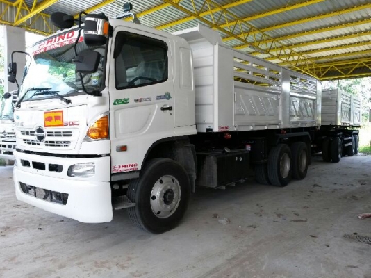 ขายดาวน์รถใหม่ป้ายแดง รถ 22 ล้อพ่วงแม่-ลูกดัมพ์ HINO FM2P 380 แรงม้า หางพ่วง 3 คานแท้ กระบะเหล็กสามมิตรลอนเฉียงคอกเสมอหัว ราคา 893000