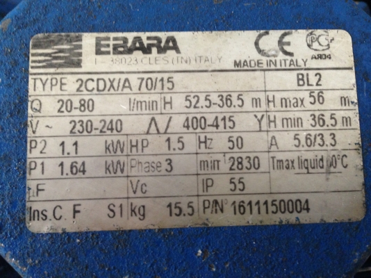 ขายปั้มน้ำหอยโข่งหัวสแตนเลส EBARA 1.5 HP. 380 V ใบพัด 2 ชั้น เข้า 1.5 นิ้ว ออก 1 นิ้ว สภาพสวย วิ่งนิ่มพร้อมใช้งาน