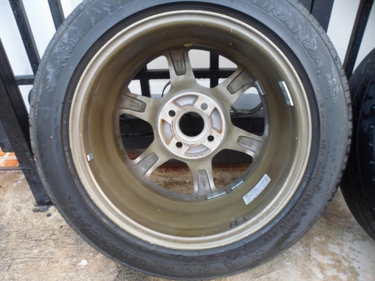 (ขาย10,000.-)te37ขอบ15"4รู100กว้าง7"ออฟ38สภาพสวยแทบไม่มีรอย(สีน้ำตาลไหม้ขอบชา)เหมือนแท้.+ยาง195/55/15บริสโตนGR90(ยางjapan)ปี10(ไม่กินข้าง) (ปกติ11,500.-)