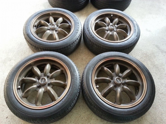 ล้อกล้วย(9,000.-)ขอบ16"งานrota+ยางใส่4รู100 กว้าง7"ออฟ40(สีเดิมๆน้ำตาลไหม้ขอบชา)(ปกติ9,700.-)