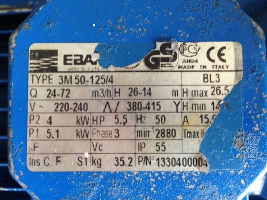 ขายปั้มน้ำหอยโข่งหัวสแตนเลส Ebara 5.5 HP. 380 V เข้า 2.5 นิ้ว ออก 1.5 นิ้ว สภาพสวย วิ่งนิ่มพร้อมใช้งาน