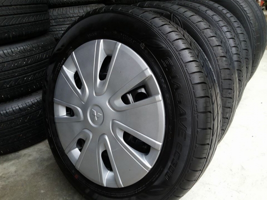 ล้อกะทะมิราจ2012 ยาง165 65 14 ปียาง2412 ทั้ง4เส้น ยางสวยมาก