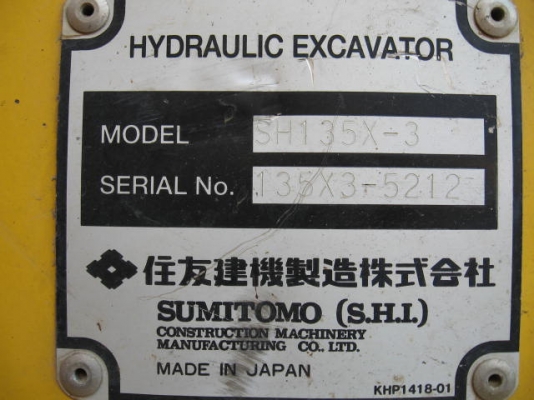 ขาย! รถขุดนำเข้ามือสอง SUMITOMO รุ่น SH135X-3/ 5212/ ปี 2008 / 10430ม. รถสต๊อคอยู่ที่ญี่ปุ่น