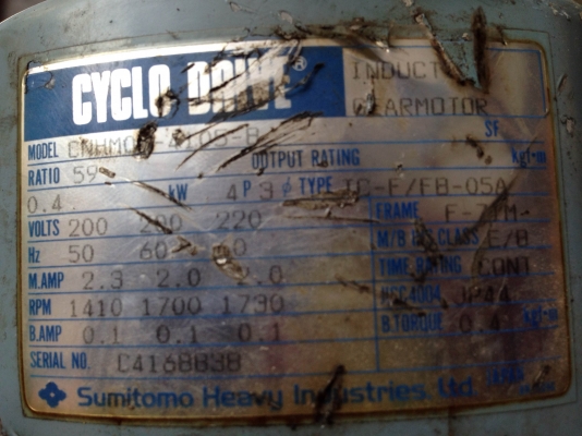 ขายมอเตอร์เกียร์ Cycro drive Sumitomo 0.5 HP. 220 V 3 สาย มีเบรคในตัว อัตราทด 1:59 เพลาออกประมาณ 24.5 รอบต่อนาที สภาพสวยวิ่งนิ่ม พร้อมใช้งาน มี 2 ตัวครับ