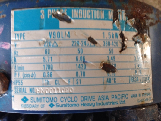 ขายมอเตอร์เกียร์ Sumitomo 2 HP. 380 V อัตราทด 1:17 สภาพสวย วิ่งนิ่ม พร้อมใช้งาน มี 2 ตัวครับ ตัวละ 7500 บาทครับ