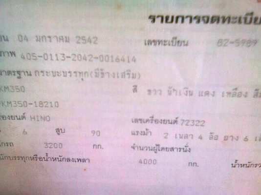 ***ขายแล้วครับขอบคุณ Truck2hand ขาย6ล้อช่วงยาว สวยๆราคาเบาๆHINO KM350 DQ100 90HP 6สูบ เครื่องเดิมแน่นดี เกียร์ดีไม่หลุด ช่วงล่าง6น็อตหน้า-หลัง คัสซีสวยไม่ปะไม่ดาม กระบะไม้คอกไม้สภาพดี พื้นมีผุนิดหน่อย ยาว5.50ม.ยาง8.25ดี6เส้น หัวเดิมภายในดีเกียร์ยาวคอนโซลค