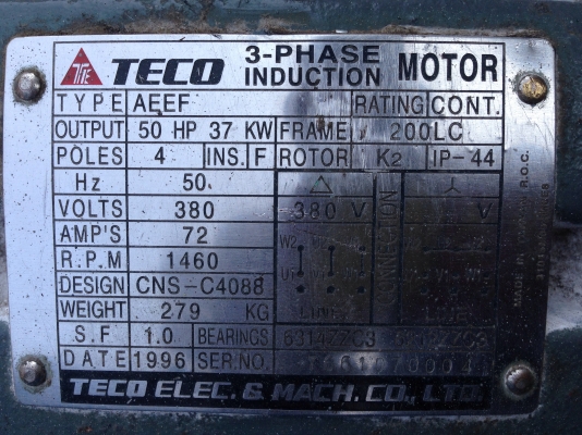 ขายมอเตอร์ TECO 50 HP. 380V สภาพสวย วิ่งนิ่ม(ในรูปเลอะฝุ่นแป้ง)ฝาหลังผุนิดหน่อย พร้อมใช้งาน ขายมอเตอร์ TECO 50 HP. 380V สภาพสวย วิ่งนิ่ม(ในรูปเลอะฝุ่นแป้ง)ฝาหลังผุนิดหน่อย พร้อมใช้งาน