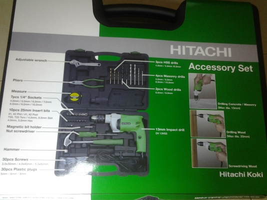 สว่านฮิตาชิแท้ พร้อม accessory set  จับได้ 13 mm impact drill  มาพร้อมแท่นจับเจาะงานได้สะดวก