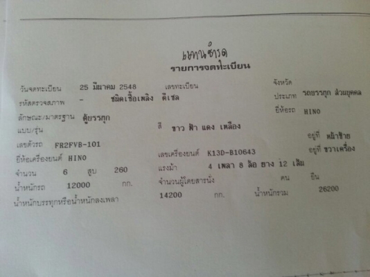 รถฮีโน่ 12 ล้อ ตู้เย็น  260 แรงม้า. ปี 48  ( รถประกอบ. )  สนใจติดต่อ 081 - 6079515