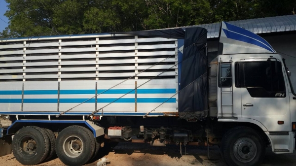 ขายรถพ่วง 22 ล้อ 2 เพลา กระบะเนียมคอกเกษตรดั้ม HINO FM3H วางเครื่อง.P11C-320 เกียร์คูลเลอร์ ลูกเพิ้งต่อใหม่ สนใจจองด่วน