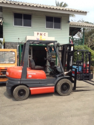 ++++ขายรถโฟล์คลิฟท์  TOYOTA 6FD25  เครื่องยนต์ดีเซล  เกียร์ธรรมดา  เสา 3 เมตร  งา 1,070  มม.  ยางตัน  *** ราคาพิเศษ  สภาพดีพร้อมใช้งาน  รายละเอียดคุยได้ครับ ***