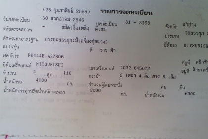 หกล้อ มิตซูบิชิ เครือ่ง ๑๑๐ แรงม้า รถจดทะเบียนปี ๔๖ ติดเครนทาดาโน่ ๓ ตัน อย่างดี จัดไฟแน๊นซ์ได้มากถึง 260,000 บาท หลุดมัดจำ.