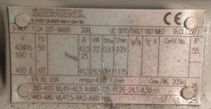 มอเตอร์ Motor ยี่ห้อ SIEMENS 22 KW/6P 400/690V 200L.B3 ยังไม่ได้ใช้งาน ใหม่ เก่าเก็บ