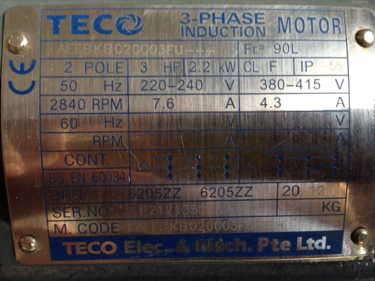ขายมอเตอร์ Teco 3 HP. 2800 RPM. 380 V สภาพสวยมาก ใช้งานมาน้อย เหมือนของใหม่ พร้อมใช้งาน