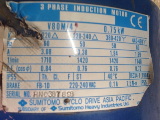 ขายมอเตอร์เกียร์ Cycro drive Sumitomo 1 HP. 380 V อัตราทด 1:11 มีเบรคในตัว สภาพสวยพร้อมใช้งาน ( ขาดฝาปิดหลักไฟ )