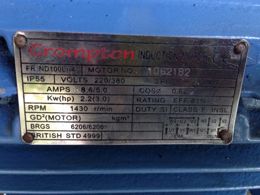 ขายมอเตอร์ Crompton 3 HP. 1450 RPM. 380 V สภาพสวยมากเหมือนของใหม่ ใช้งานมาน้อยมาก พร้อมใช้งานครับ ขายมอเตอร์ Crompton 3 HP. 1450 RPM. 380 V สภาพสวยมากเหมือนของใหม่ ใช้งานมาน้อยมาก พร้อมใช้งานครับ
