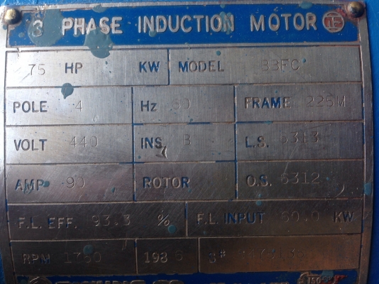 ขายมอเตอร์ Tatung 75 HP. 1450 RPM. 380 V made in taiwan สภาพสวย วิ่งนิ่ม พร้อมใช้งาน