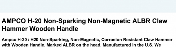 ขายค้อนบลอน ALBR  AMPCO H-20 ไม่เกิดประกายไฟเวลาตอก ,แม่เหล็กไม่ดูด , ด้ามไม้เหนียวลายกรงเล็บ