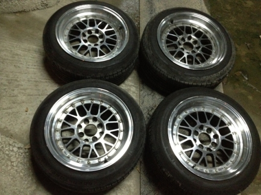 ขายแม็กมือ2 ลายBBS ขอบ15 กว้าง 8.25 4รู100/114+ยางปี12 ราคา11,900 บาท ราคาถูก