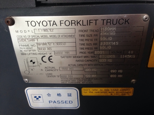ขายรถฟอร์คลิฟท์  ไฟฟ้า นั่งขับ  TOYOTA - 6FBRE12 - 30650  ปี 2001  Triplex F/F M6 SS  ติดต่อ  คุณเบียร์  094-4895646