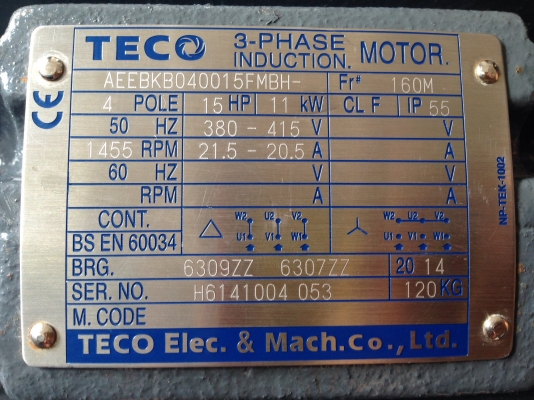 ขายมอเตอร์ Teco 15 HP. 1450 RPM. 380 V ของใหม่ไม่เคยใช้งาน เจ้าของสั่งผิดขนาด สภาพสวยมากครับ
