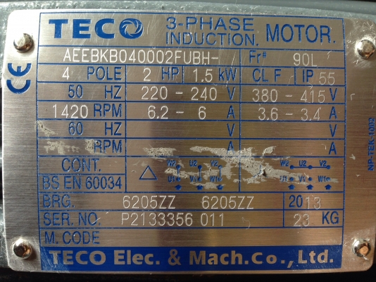 ขายมอเตอร์ Teco 2 HP. 1450 rpm. 220/380V สภาพสวย วิ่งนิ่มใช้งานมาไม่เกิน 24 ชั่วโมง พร้อมใช้งานครับ