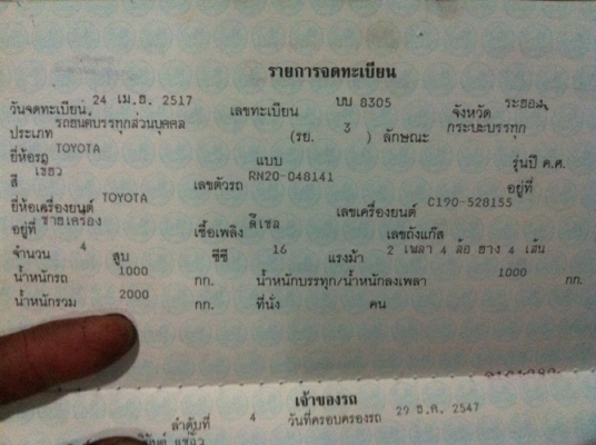 ขายเล่ม Toyota rn20 ร.ย.3 ภาษีขาด 18 พ.ย. 54