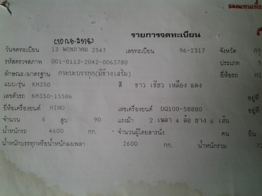 ขายเล่มทะเบียน 6ล้อ KM350 ทะเบียนไม่ขาดต่อ มีหัวเลขแซสซี ให้ราคาประหยัดเอกสารพร้อมโอน ขาย 50000 บาท ขายเล่มทะเบียน 6ล้อ KM350 ทะเบียนไม่ขาดต่อ มีหัวเลขแซสซี ให้ราคาประหยัดเอกสารพร้อมโอน ขาย 50000 บาท