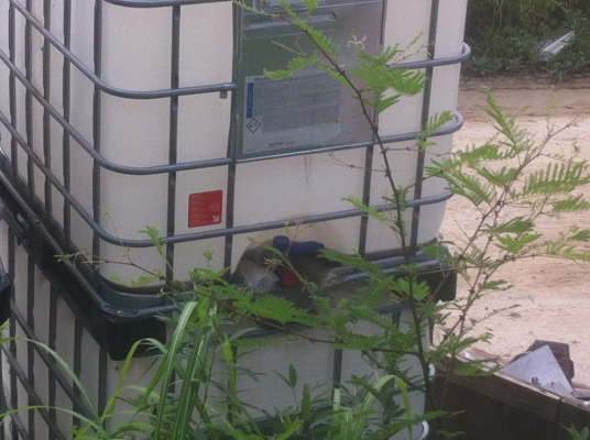 ถังพลาสติกสีเหลี่ยมขาวขนาดบรรจุ 1000 ลิตร พร้อมกรงเสริมความแข็งแรงวางบนแผ่นพาเลส