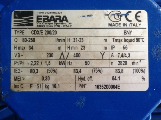 ขายปั๊มน้ำหอยโข่ง EBARA  2 HP ระบบไฟ 3 สาย MADE IN ITALY