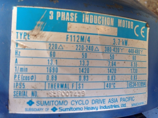 ขายมอเตอร์เกียร์หน้าแปรน Cycro drive Sumitomo 5 HP. 380V อัตราทด 1:15 สภาพสวย พร้อมใช้งาน