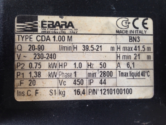 ขายปั้มน้ำหอยโข่ง Ebara 1HP. ไฟบ้าน 220 V ใบพัดทองเหลือง เข้า 1.2 นิ้ว ออก 1.2 นิ้ว สภาพสวยมาก วิ่งนิ่ม พร้อมใช้งาน