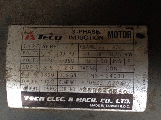 ขายมอเตอร์เกียร์ Teco 1 HP. 380V อัตราทด 1:20 สภาพดี วิ่งนิ่ม พร้อมใช้งาน มี 8 ตัว ขายมอเตอร์เกียร์ Teco 1 HP. 380V อัตราทด 1:20 สภาพดี วิ่งนิ่ม พร้อมใช้งาน มี 8 ตัว