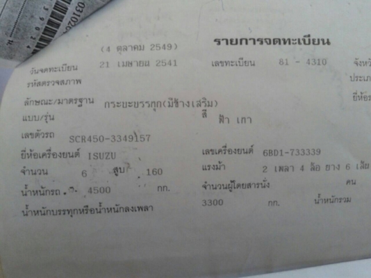 ขาย6ล้อบรรทุก อีซูซุ165ยาว 6.5 เมตร เครื่องดี แชชซีดี เอกสารพร้อม กระบะคาร์โก้ ขาย6ล้อบรรทุก อีซูซุ165ยาว 6.5 เมตร เครื่องดี แชชซีดี เอกสารพร้อม กระบะคาร์โก้