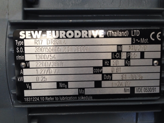ขายมอเตอร์เกียร์ Sew Eurodrive ขนาด 1/3 HP. 380V อัตราทด 1:24 ของใหม่ ไม่เคยใช้งาน วิ่งนิ่ม พร้อมใช้งาน ขายมอเตอร์เกียร์ Sew Eurodrive ขนาด 1/3 HP. 380V อัตราทด 1:24 ของใหม่ ไม่เคยใช้งาน วิ่งนิ่ม พร้อมใช้งาน