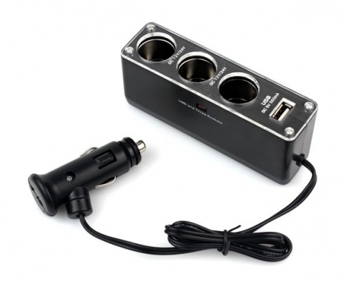 3 Way Car Cigarette Charger Socket Adapter+USB  Black (DC 12/24V)