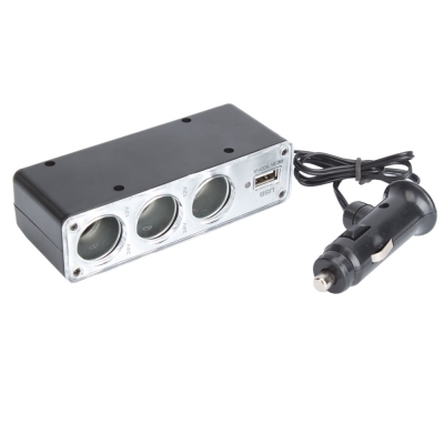 3 Way Car Cigarette Charger Socket Adapter+USB  Black (DC 12/24V)