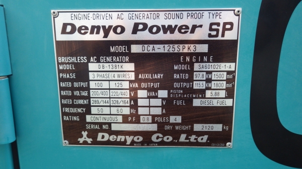 Denyo DCA-125SPK3 ปี 2009 เซ็ตนอกตรงจากญี่ปุ่น ไม่แพง